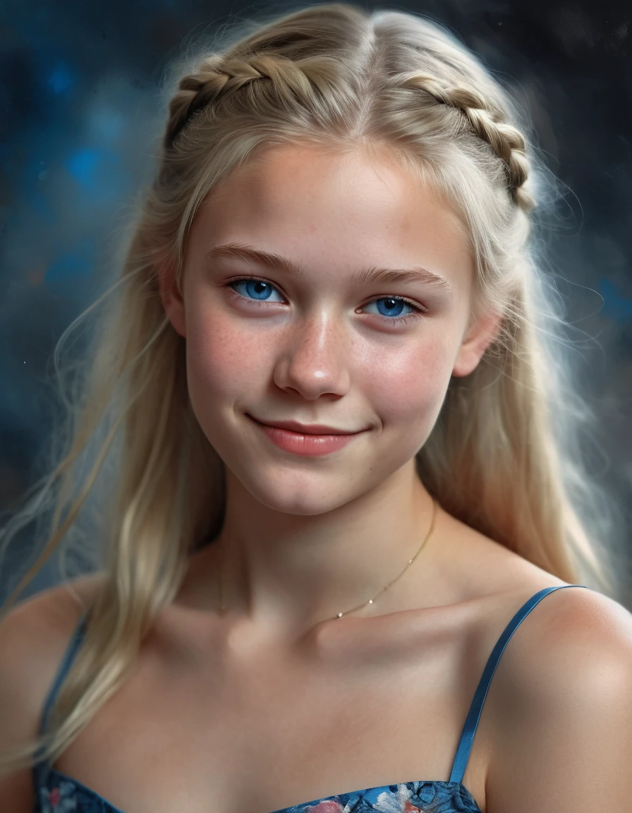 Portrait of a Norwegian beautiful , small breasts,ate dress, soft smile, natural lips, long blonde hair with shaved sides , blue-grey eyes, realism, digital painting, concept art, smooth, sharp focus, rule of thirds, Style-Psycho