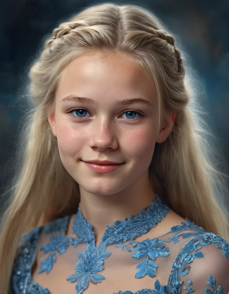 Portrait of a Norwegian beautiful teenager, small breasts, intricate dress, soft smile, natural lips, long blonde hair with shaved sides , blue-grey eyes, realism, digital painting, concept art, smooth, sharp focus, rule of thirds, Style-Psycho