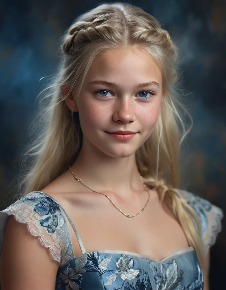 Portrait of a Norwegian beautiful teenager, small breasts, intricate dress, soft smile, natural lips, long blonde hair with shaved sides , blue-grey eyes, realism, digital painting, concept art, smooth, sharp focus, rule of thirds, Style-Psycho