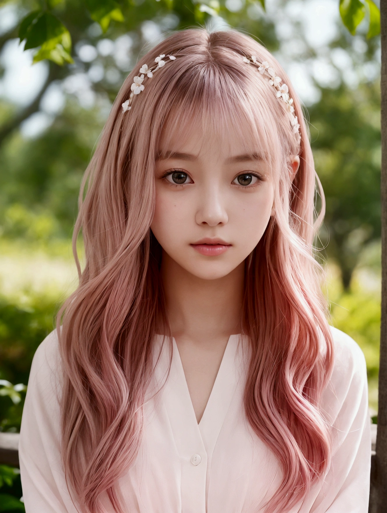 Close-up portrait of a young woman with pastel pink hair。Her hair has subtle waves、There is a slight brown tint at the tip.。Part your hair slightly off-center.、The bangs gently cover the forehead。Her skin is smooth and fair、The eyes are large and expressive, grayish brown.。Small and delicate nose、And her lips are light pink with a natural, soft smile.。The background is softly blurred、The focus is on the subject&#39;s face、The soft natural light suggests an outdoor setting.。The overall color palette is pastel.、Creating a warm and comfortable atmosphere。The soft light accentuates her delicate features and the elegant flow of her hair.、It creates a calm and quiet mood。
