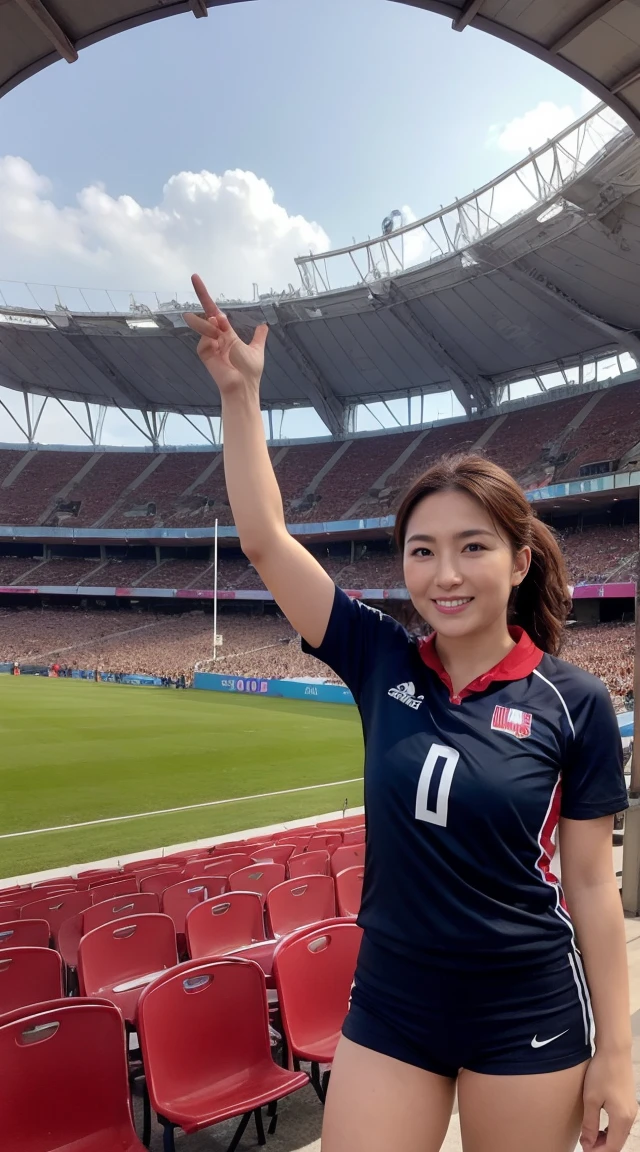 A 40-year-old female athlete stands confidently in an Olympic stadium, wearing a red and black volleyball uniform. The stadium is filled with cheering crowds, and the athlete is positioned on the volleyball court, ready for action. Her expression is focused and determined, showcasing her experience and dedication to the sport. The vibrant colors of her uniform contrast with the green field and the blue sky visible through the open stadium roof.