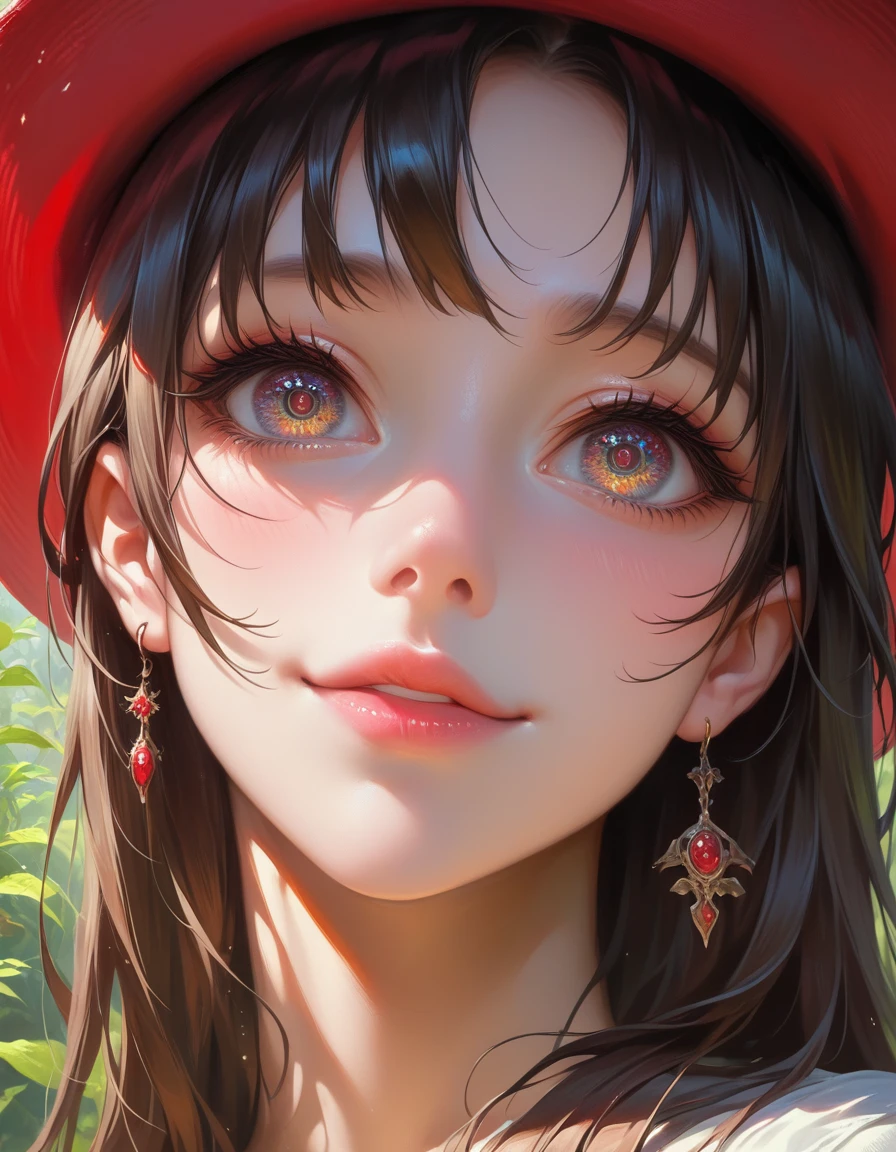 A cute anime girl with long brown hair, wearing a red hat, smiling in a lush forest scene, highly detailed portrait, beautiful detailed eyes, beautiful detailed lips, extremely detailed face, long eyelashes, photorealistic, 8k, masterpiece, vibrant colors, warm color palette, soft lighting, cinematic composition, (below shot) , (cowboy shots) 