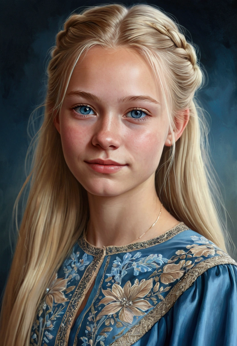 Portrait of a Norwegian beautiful teenager, small breasts, intricate dress, soft smile, natural lips, long blonde hair with shaved sides , blue-grey eyes, realism, digital painting, concept art, smooth, sharp focus, rule of thirds, Style-Psycho