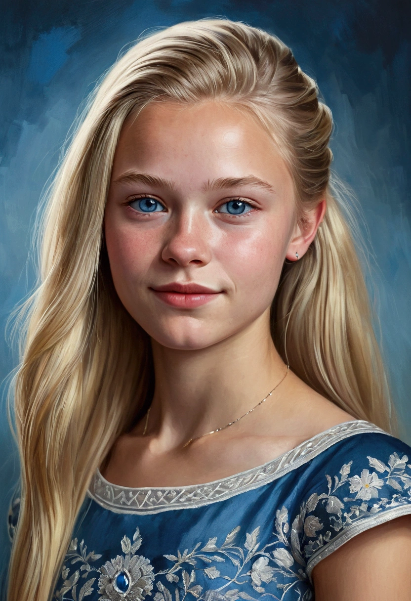 Portrait of a Norwegian beautiful ager, small breasts, intricate dress, soft smile, natural lips, long blonde hair with shaved sides , blue-grey eyes, realism, digital painting, concept art, smooth, sharp focus, rule of thirds, Style-Psycho