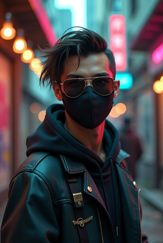 A young man who looks like a bandman wearing sunglasses and a non-woven mask