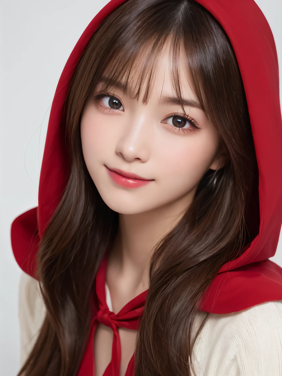 white background, half body portrait, bust shot, looks happy, gentle smile, one girl, (a beauty girl, delicate girl:1.3), (20 years old:1.3), break, (Little Red Riding Hood), break, very fine eyes, (symmetrical eyes:1.3), break, D cup breasts, brown eyes, parted bangs, brown hair, (smile), break, (eyes and faces with detailed:1.0), break, (masterpiece, best quality, ultra detailed, detailed face, 8k)