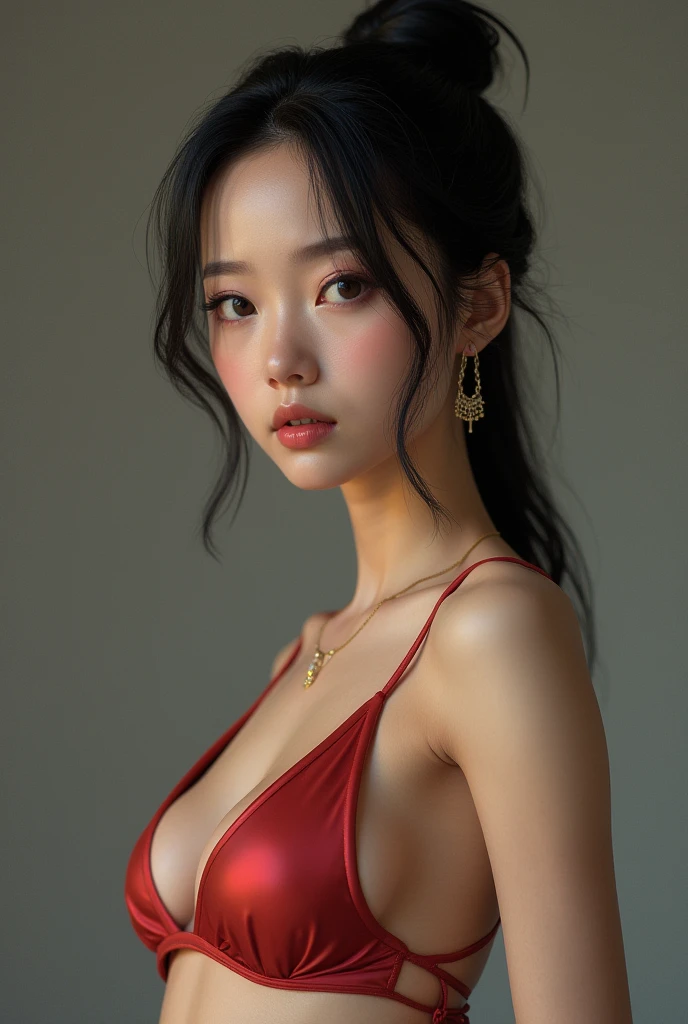 Beutiful girl in red blouse big boobs