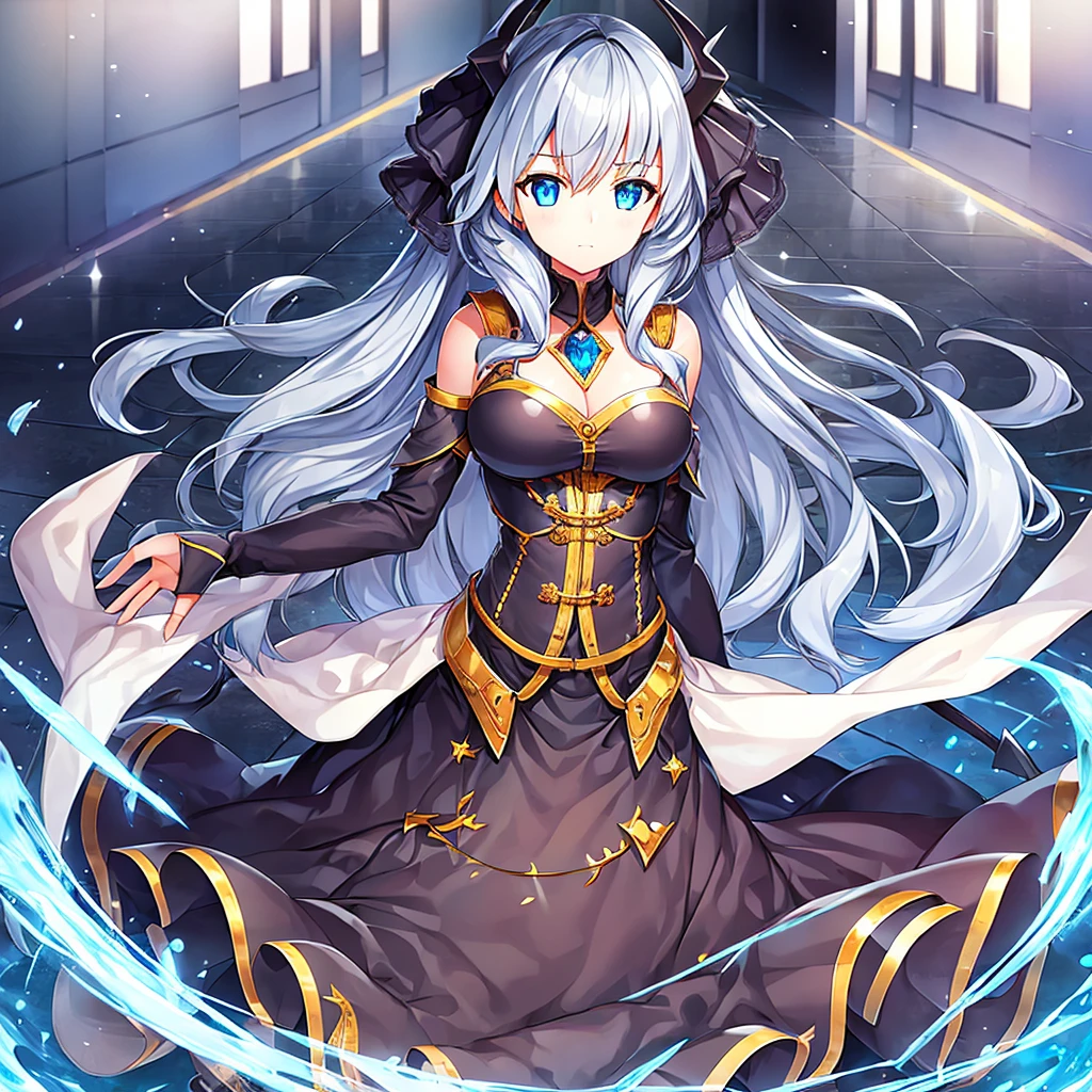 One girl, solo, Long Hair, Bangs between the eyes, , blue eyes, Gray Hair, Dutch Angle, Anime Style, Digital Art, Cute Demon Lord