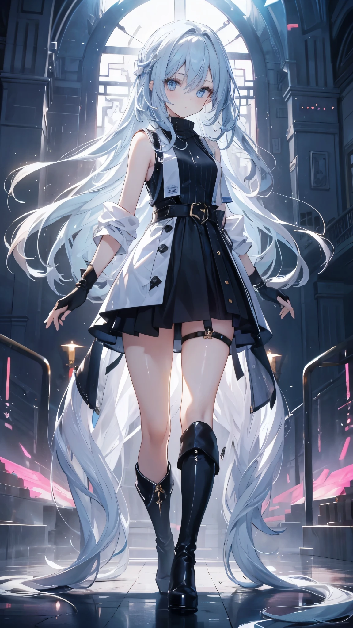 long hair，thin，，Clarity，high-definition，big eyes，Blue Eyes，Facing the audience，beauty，Extremely high image quality，超Clarity的画面，modern style，Over-the-knee boots，Sleeveless sweater