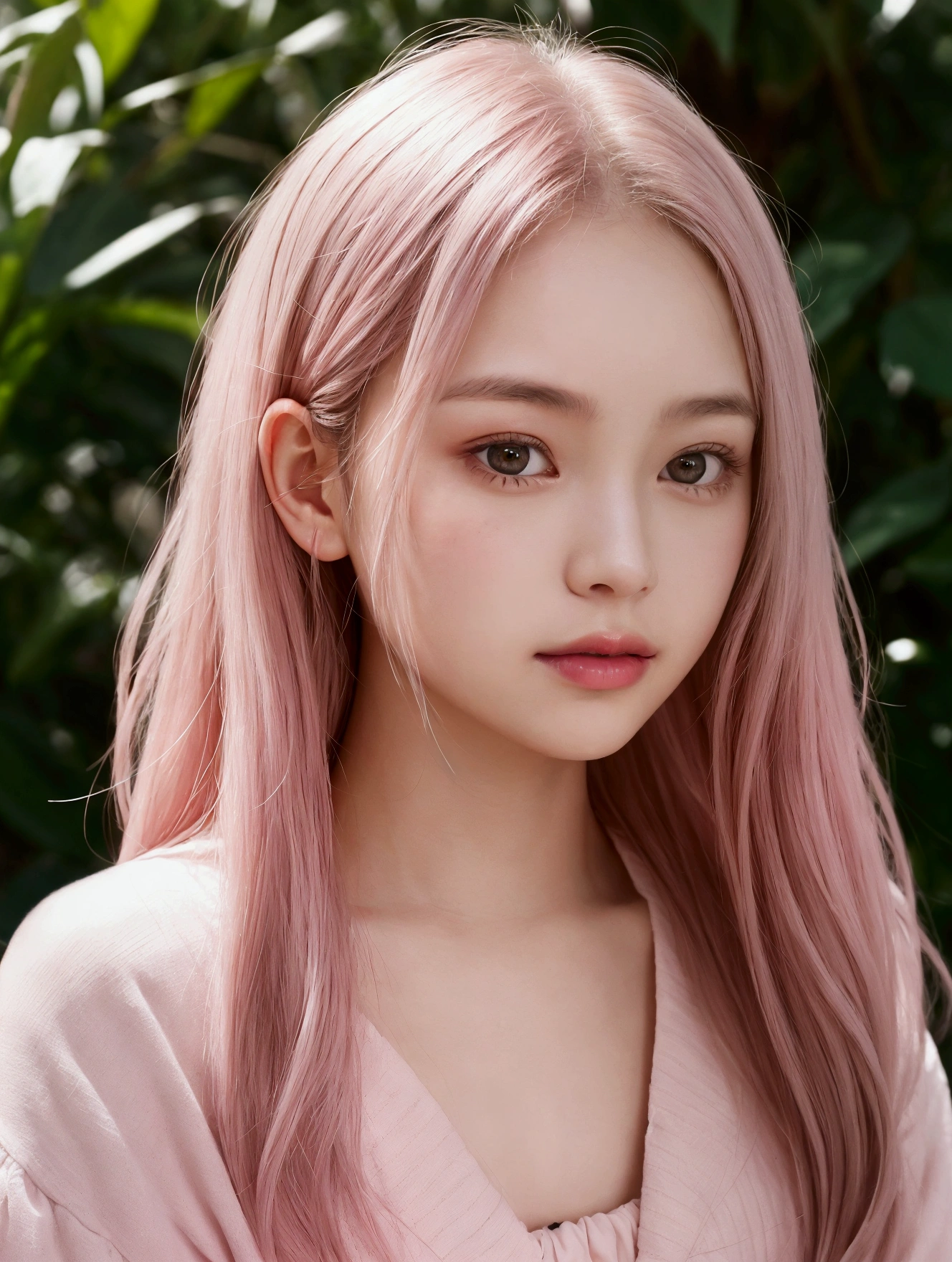 Close-up portrait of a young woman with pastel pink hair。Her hair has subtle waves、There is a slight brown tint at the tip.。Part your hair slightly off-center.、The bangs gently cover the forehead。Her skin is smooth and fair、The eyes are large and expressive, grayish brown.。Small and delicate nose、And her lips are light pink with a natural, soft smile.。The background is softly blurred、The focus is on the subject's face、The soft natural light suggests an outdoor setting.。The overall color palette is pastel.、Creating a warm and comfortable atmosphere。The soft light accentuates her delicate features and the elegant flow of her hair.、It creates a calm and quiet mood。