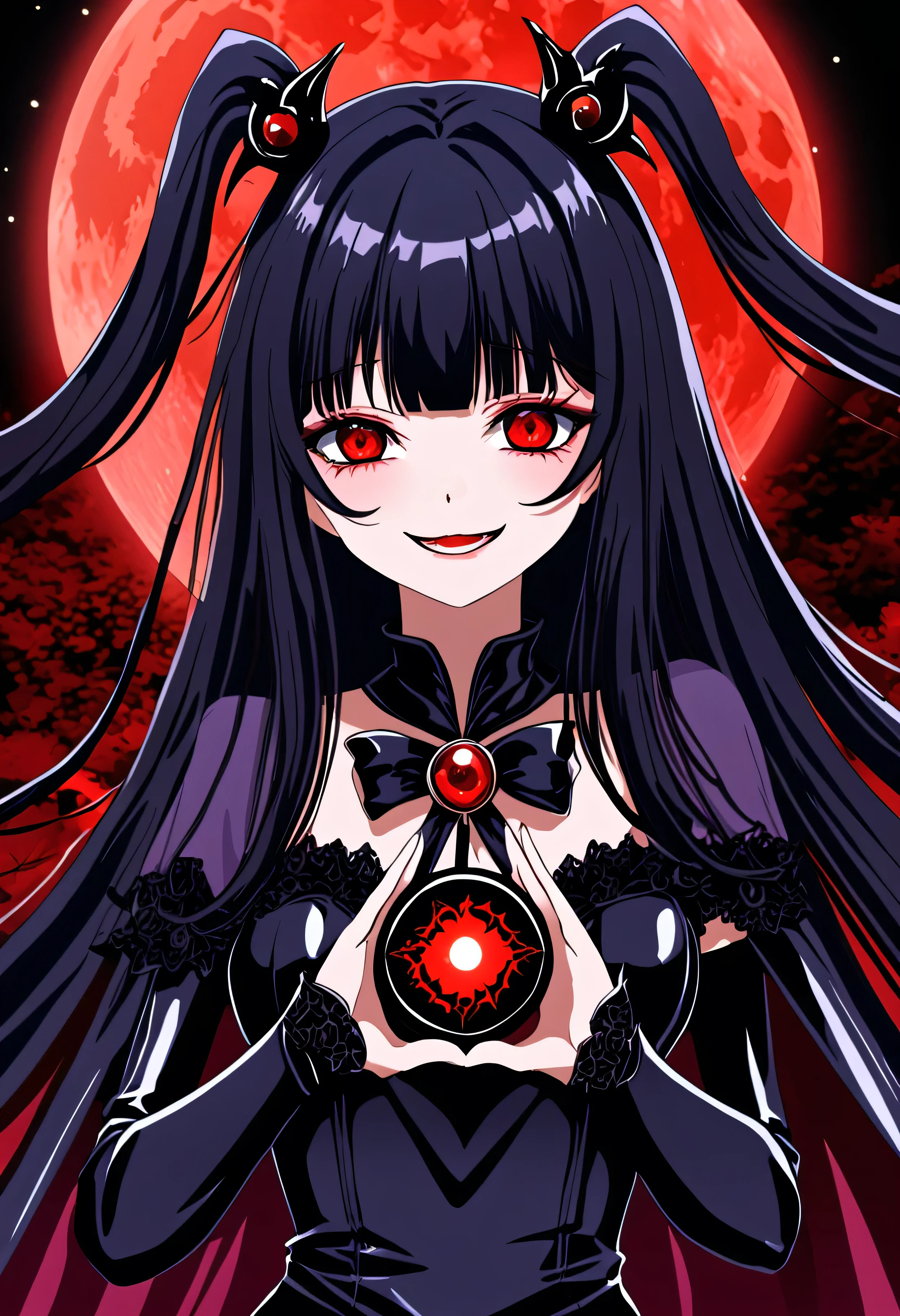 Highest quality, Very detailed,One Girl, alone, {cure_NULL_hirogaruNULLprecure:1.15}, , Long Hair, Twin tails, Magical girl, bangs, Open your mouth, , One Girl, blunt bangs, Darken your clothes, hair ornaments, Evil smile, devilish aura (Shiny fabric:1.5), Full Body Shot, Purple Gemstone, Charm, blush, (Beautiful attention to detail:1.6), Very detailed顔, Perfect lighting, Very detailedなCG, (Perfect hands, Perfect Anatomy), devil, Red and black color scheme, Shiny material, Grin, Black ribbon, black satin gloves, Evil clover leaf ornament, Black frills, jewelry, corruption, Latex Gloss, Black Gothic Cape, Evil smile, Dark World Background, Red Moon, cloudy NULL, CG Style, One-sided black wing,Dark shadow face,Sadistic smile,Malice,Contempt,smile,black,Shaded face (eyes in shadow),Black knee socks,Shiny latex,Evil Eye