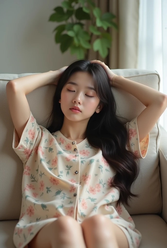 Highest quality　Highest quality　８K quality　Realistic Japanese girl　Long Hair　Cute photo of her relaxing on the sofa at home