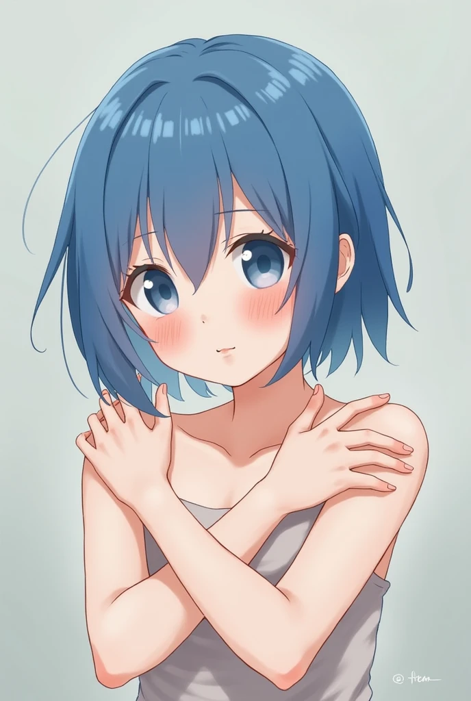 An anime-style blue-haired girl who is naked and looking for a hug.