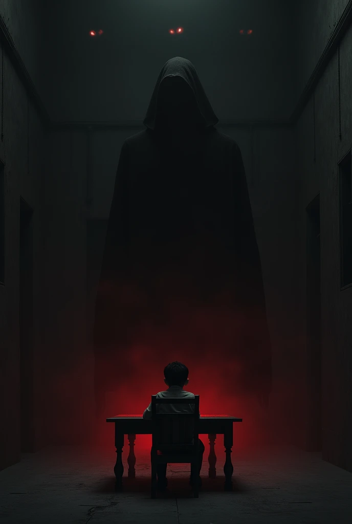 A dark room with a red light, In the middle a boy sits, in front of him a table, and behind him darkness, but with two bright spots behind it resembling eyes, let the darkness be noticed, and the boy is a little far away so that it is not clear if it is a drawing or a real person, try to make it as real as possible