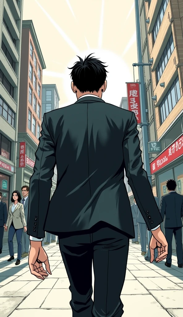 ((A man with short hair)),on the street,Black Hair,Suits,((Angry expression)),leave,Back,Japanese comic style