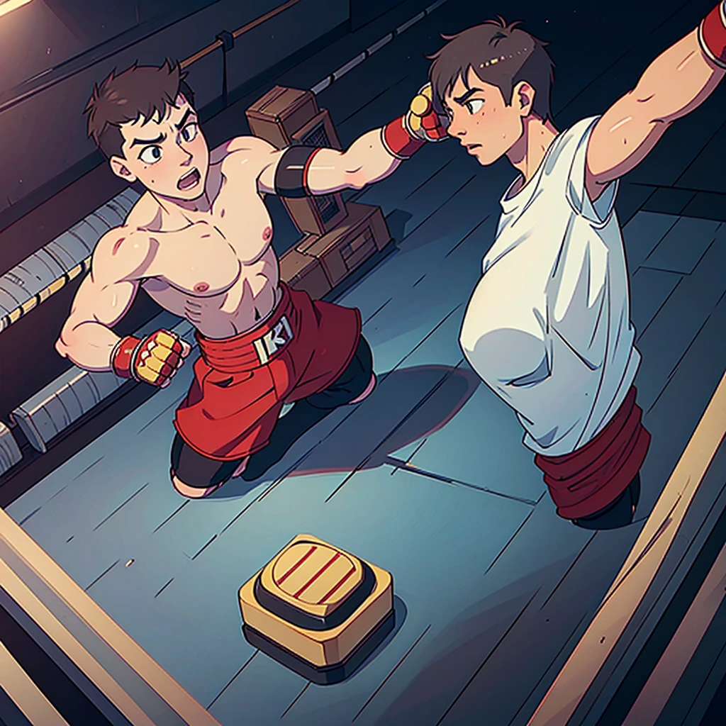 muscular boxer in boxing arena taking selfie, man, man, man, man, photorealistic, detailed muscular body, sweat, detailed facial features, intense expression, boxing gloves, ring ropes, spotlights, epic dramatic lighting, cinematic shot, hyperrealistic, 8k, highly detailed
