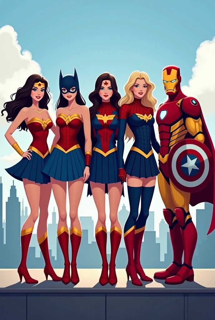 1girl, 2girl, 3girl, 4girl, 5girl, 1girl wearing super woman suite with short blue skirt and S logo on chest, 2 girl wearing spider girl suite wit short red skirt an spider logo on chest, 3girl wearing bat girl costume short skirt Batman symbol on chest, 4girl wearing capatin american costume holding round shield short skirt, 5girl in iron man armour, all of them standing on top of a building, city skyline visible