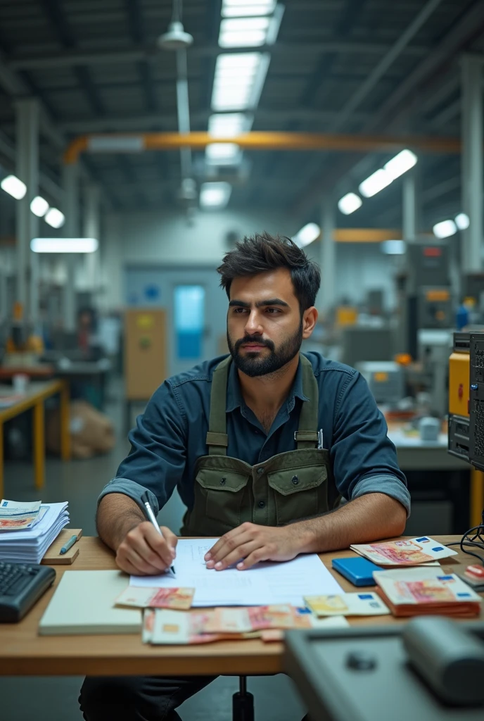 Electrical engineer 
Work clothes
In a factory 
Desk
Series
Some paper
Euro geld pack
Iranian
Show infront of his desk