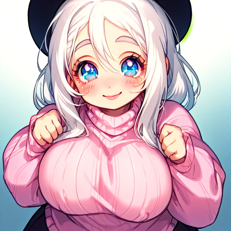 chubby girl,tender and chubby face,White hair, big eyes and long eyelashes,I dress beautiful,pink sweater,Tender smile,big breasts,Looking up