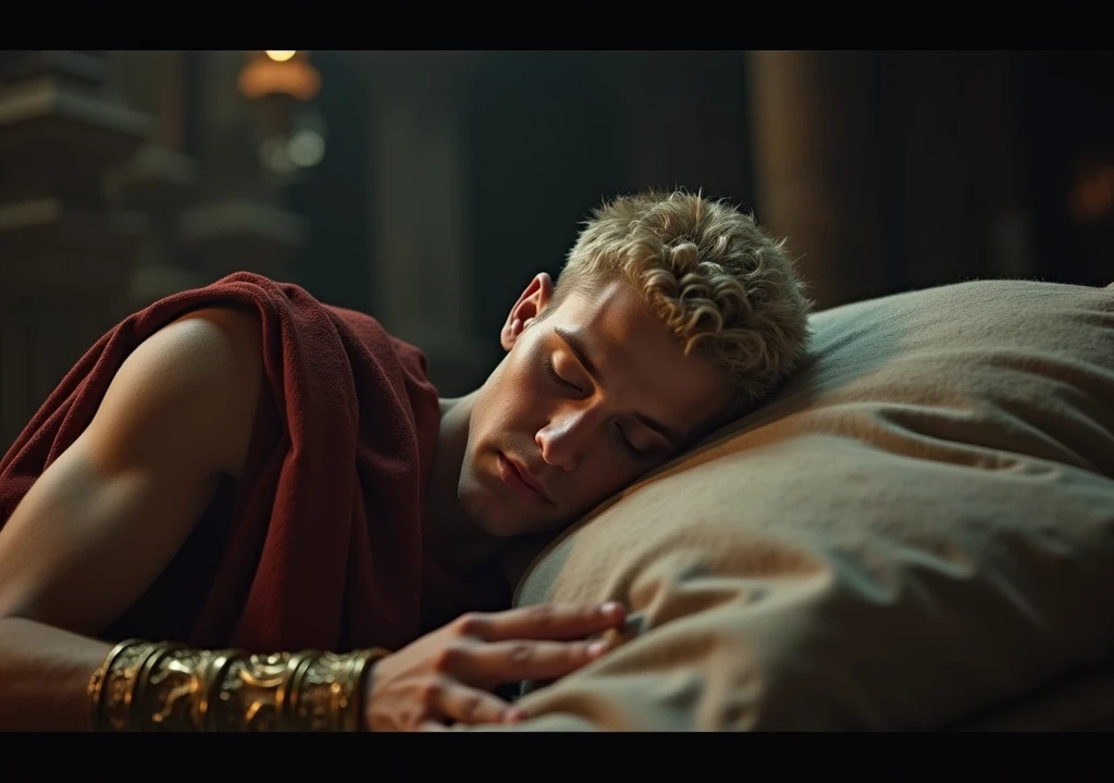 image where a young man stealthily approaches in the middle of the night a Roman emperor with short, gray, thin blonde hair who is sleeping in his chambers in the ancient Roman empire