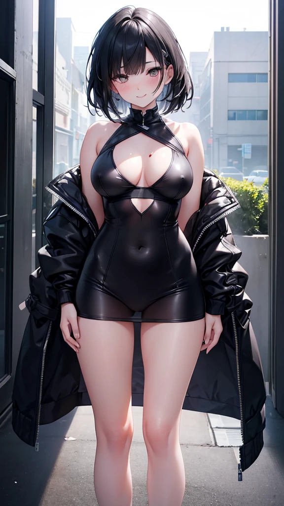Serious age girl, Messy black hair, White eyes, Scar on one eye, Sunburned skin, Stylish black and white outfit, Attractive body, Dark and cold look, Detailed portrait, 8k, photograph (Highest quality) . ,4K,8k,High resolution,masterpiece:1.2),Very detailed,(Realistic,photoRealistic,photoRealistic:1.37),Vibrant colors,Sharp focus,Physically Based Rendering,Very detailedな,Professional tongue out, whole body,Thin legs,Beautiful legs,blush, smile, Sexy pose,cute仕草,cute,chest, See-through,Nipples, half-closed eyes, Face of patience,
