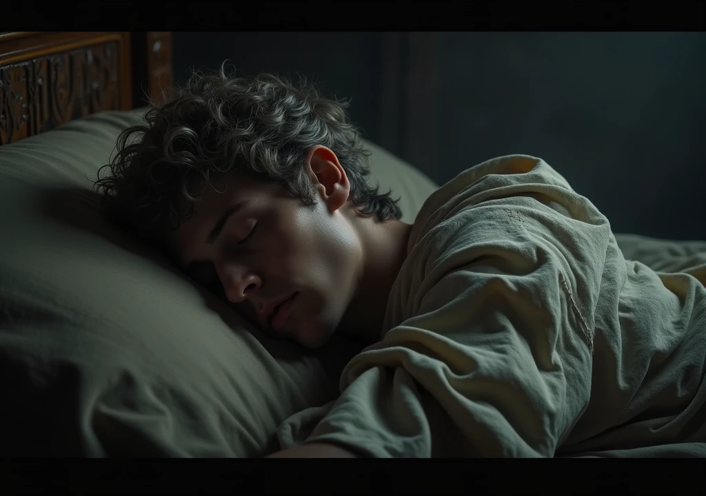 a young man stealthily approaching in the middle of the night,roman emperor with short gray thin blonde hair sleeping in ancient roman empire chambers,extremely detailed,photorealistic,epic,dramatic lighting,intricate details,cinematic,moody atmosphere,muted colors,high contrast,dramatic chiaroscuro
