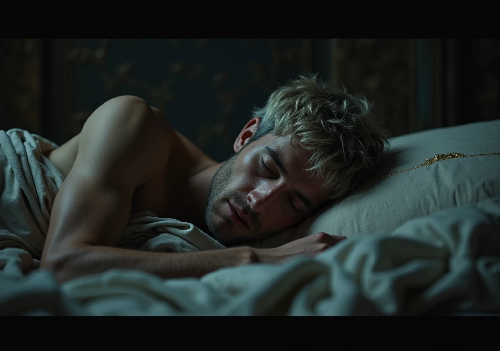 a young man stealthily approaching in the middle of the night,roman emperor with short gray thin blonde hair sleeping in ancient roman empire chambers,extremely detailed,photorealistic,epic,dramatic lighting,intricate details,cinematic,moody atmosphere,muted colors,high contrast,dramatic chiaroscuro