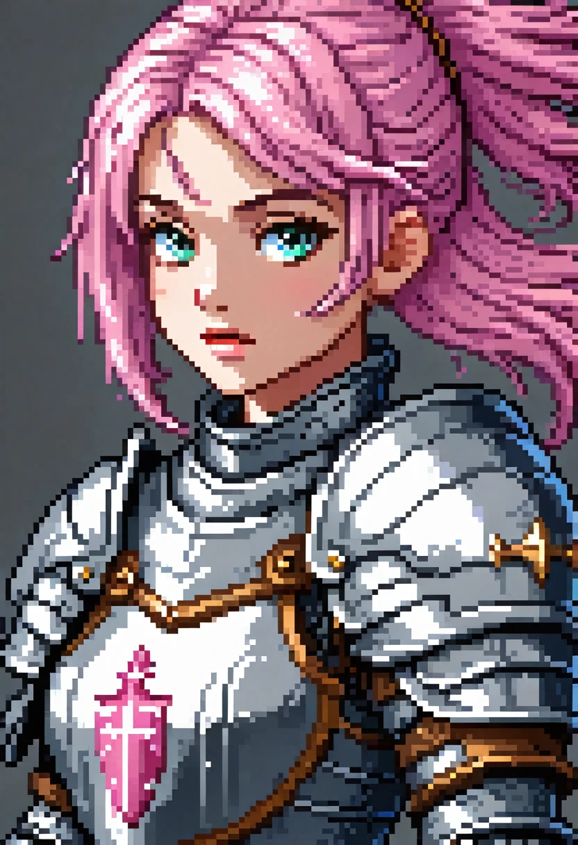 Pixel art, One Girl,A female knight wearing silver armor、Pink Hair、front、Medieval Fantasy, (Highest quality, masterpiece, Representative works, Official Art, Professional, Attention to detail, Super intricate details:1.3),breast enhancement,32bit,Close-up of face