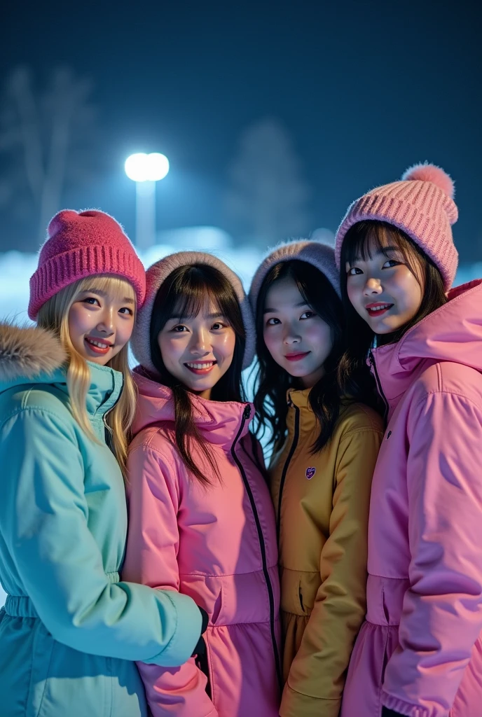 highest quality, masterpiece, ultra high resolution, (realistic:1.4), Raw photo,
((Four members of Japan's most popular idol group have fun at a ski resort late at night.))
((One of them is、pink short cut hair、Has the sexiest face like the most famous Japanese pinup model。. fine pink short cut hair, detailed sexy face):1.1),
((One of them is blonde hair and has the most beautiful face like most popular Japanese. Detailed blonde hair, detailed beautiful face):1.1),
((One of them is black-haired、Has the cutest face like the most popular Japanese idol. fine black hair, detailed cute face):1.1),
((One of them is brown hair and has the most beautiful face like the most famous Japanese idol.. Detailed brown hair, detailed cute face):1.1),
Everyone is wearing ski wear with cute designs.. ((They are all、Has very beautiful big black round eyes。.)) All poses are dynamic. Everyone has nice smiles.