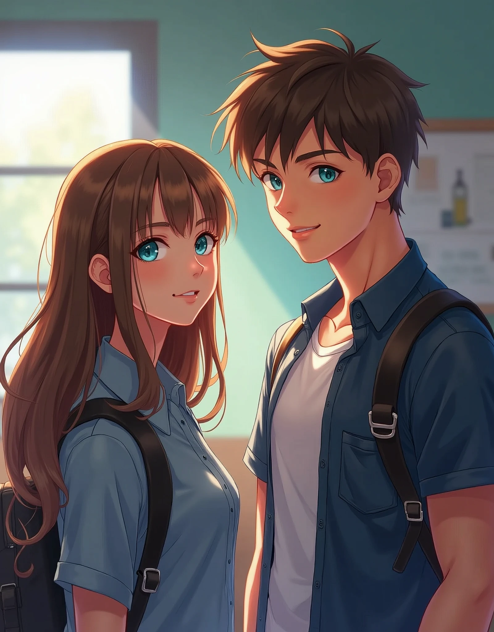 (masterpiece:1.5), (2people:1.4), (18 years old:1.3), [(1girl:1.3), (long straight brown hair:1.4), (teal eyes:1.3)], [(1guy:1.3), (short brown hair:1.4), (blue eyes:1.3), (muscular and large:1.3)], (school background:1.5), (looking at viewer:1.2)