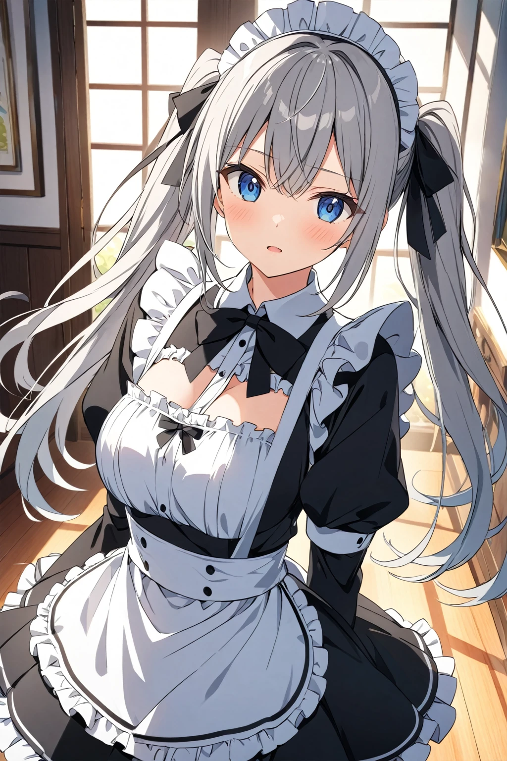 score_9, score_8_up, score_7_up, score_6_up, source_anime,4k,illustration,1girl,solo,Grey hair,twin tail,long hair,maid's outfit,
highly detailed,best quality,absurdres,detailed,HDR,natural light,