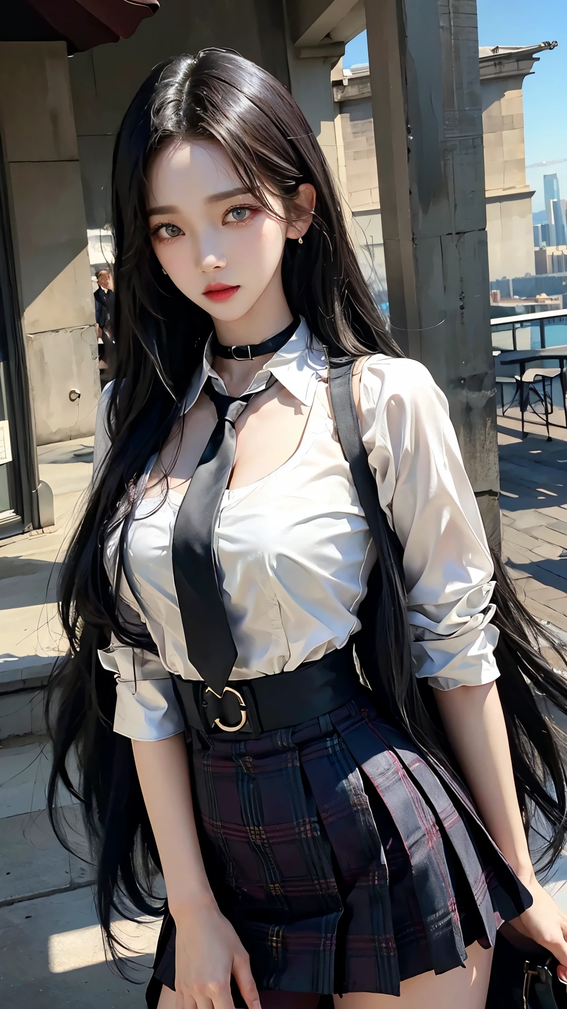 exposed, 큰 chest, 젖어서 chest이 보이는 흰색 shirt, masterpiece, best quality, whole body, 1 woman, forehead, black choker, black necktie, blond hair, panties, blush, bracelet, chest, choker, clothes approximately waist, clavicle, collared shirt,  dress shirt, ear piercing, eyebrows visible through hair, gradient hair, 이를 드러내고 laugh, fix, bijouterie, Kogal, long hair, looking at viewer, loose necktie, necktie, piercing, plaid, plaid skirt, pleated skirt, red eyes, ring, , shirt, skirt, laugh, alone, Distance between high-rise buildings, sky, new york city downtown,illustration, (Magazines:1.3), (sheathe-style:1.3), fashionable, female, vibrant, outfit, posing, front, fancy, dynamic, background, coercion, confidence, expression, possession, name, accessories, majestic, coil, approximately, touch, scene, texts, sheathe, brave, attracting attention, title, Refined, font, catchy, headline, bigger, striking, modern, Trend, Concentrate upon, fashion,