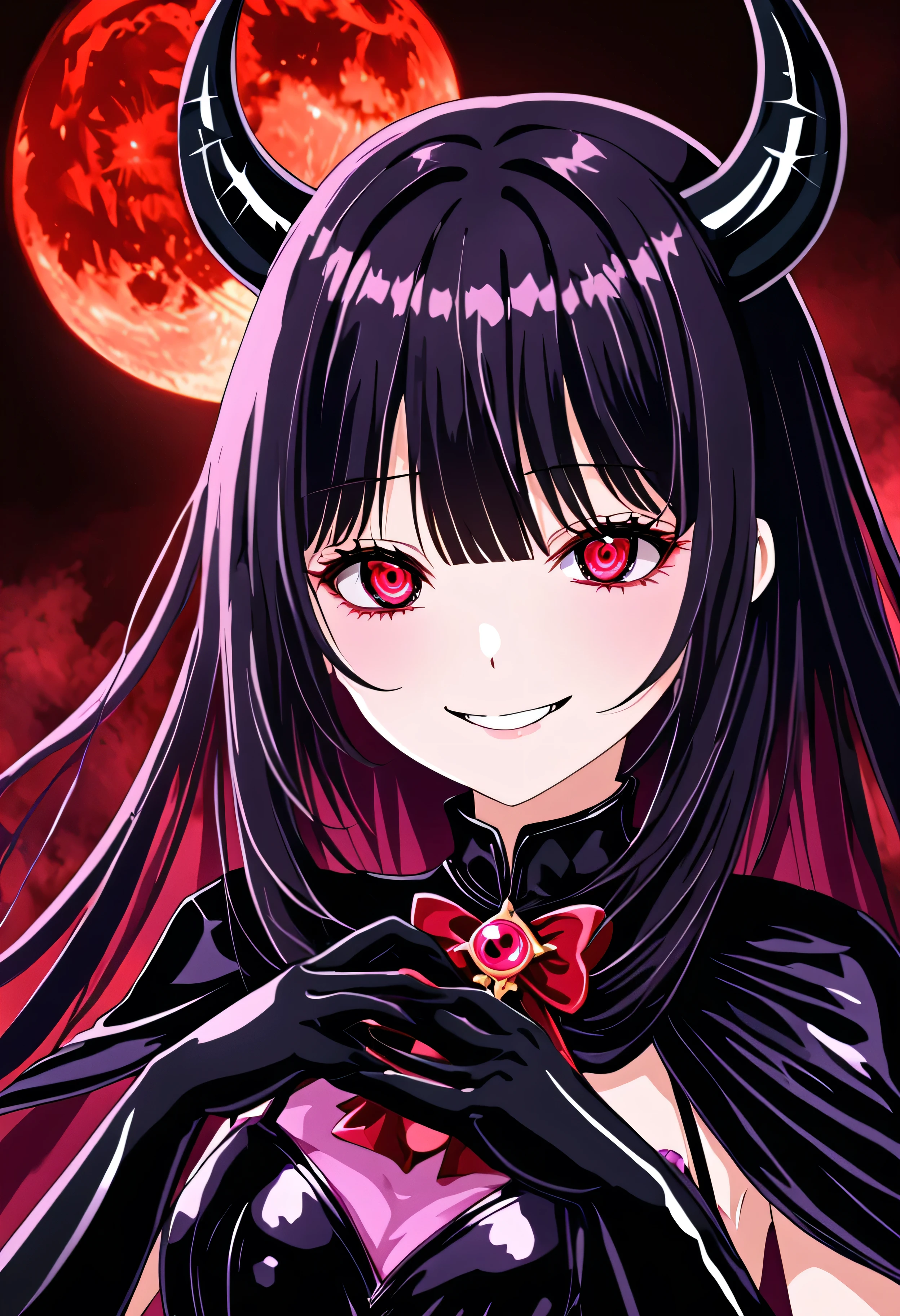 Highest quality, Very detailed,One Girl, alone, {cure_NULL_hirogaruNULLprecure:1.15}, , Long Hair, Twin tails, Magical girl, bangs, Open your mouth, , One Girl, blunt bangs, Darken your clothes, hair ornaments, Evil smile, devilish aura (Shiny fabric:1.5), Full Body Shot, Purple Gemstone, Charm, blush, (Beautiful attention to detail:1.6), Very detailed顔, Perfect lighting, Very detailedなCG, (Perfect hands, Perfect Anatomy), devil, Red and black color scheme, Shiny material, Grin, Black ribbon, black satin gloves, Evil clover leaf ornament, Black frills, jewelry, corruption, Latex Gloss, Black Gothic Cape, Evil smile, Dark World Background, Red Moon, cloudy NULL, CG Style, One-sided black wing,Dark shadow face,Sadistic smile,Malice,Contempt,smile,black,Shaded face (eyes in shadow),Black knee socks,Shiny latex,Evil Eye