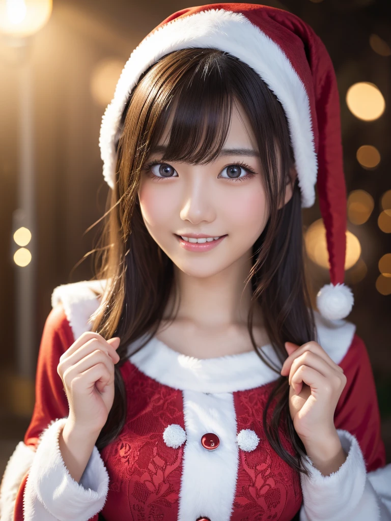 beautiful detailed eyes,droppy eyes,beautiful detailed lips, extremely detailed eyes and face, long eyelashes, 1japanese girl, fantasy character, (Santa Claus costume:1.25),smile,short hair,highly detailed, dramatic lighting, glowing effects, mist, intricate details, volumetric lighting, cinematic composition, hyper realistic, 8k, best quality, masterpiece, photorealistic,Highres fix,snowy night