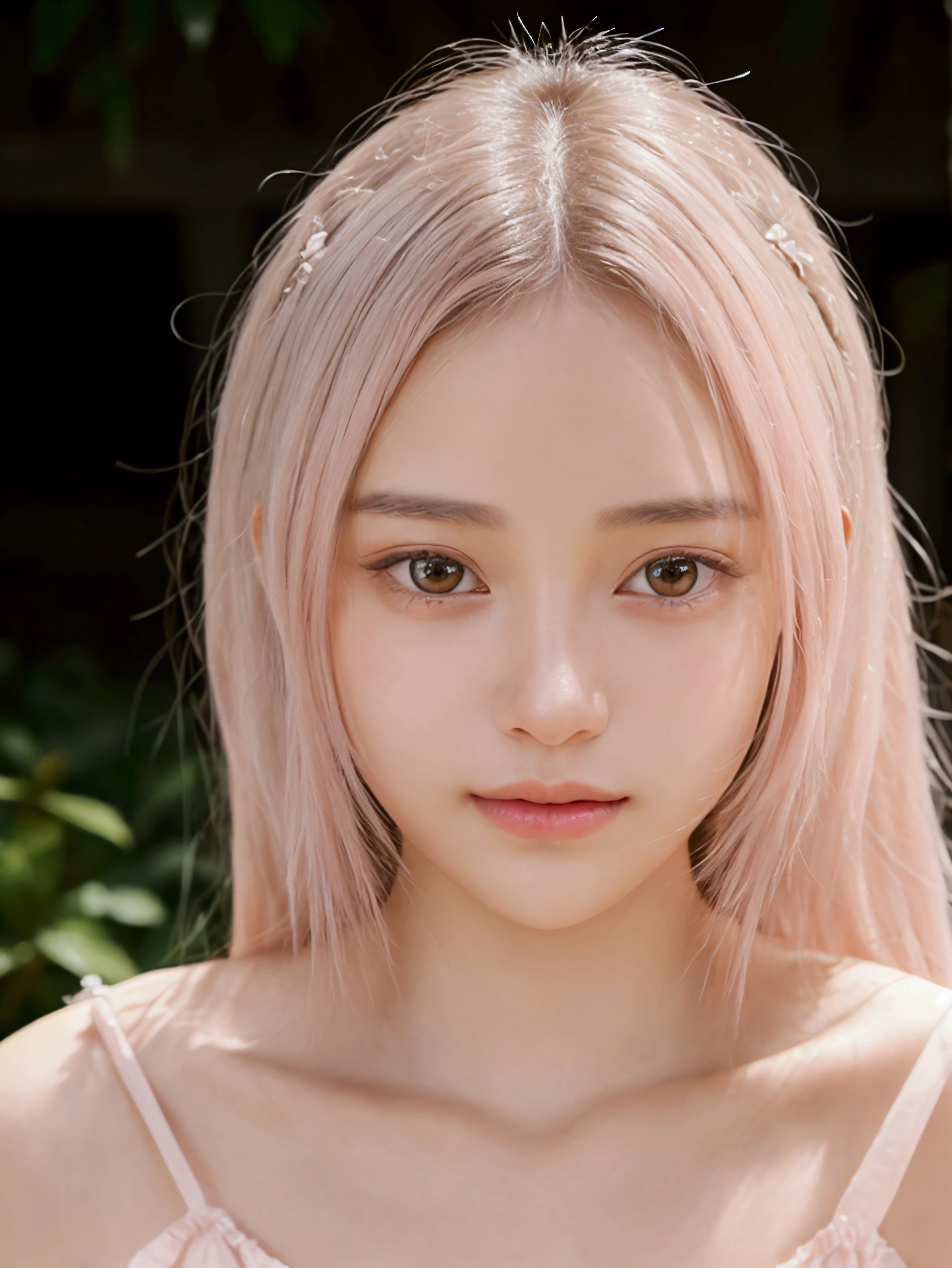 A close-up portrait of a young woman with a soft, gentle expression, featuring pastel pink hair with subtle waves and a hint of brown at the tips. Her hair is parted slightly off-center, with a fringe that gently covers her forehead. She has fair skin with a smooth texture, large, expressive eyes that appear grayish-brown, and a small, delicate nose. Her lips are slightly parted in a natural, soft smile, painted in a light pink shade. The background is softly blurred, emphasizing the subject’s face, with hints of greenery, indicating an outdoor setting with soft, natural lighting. The overall color palette is pastel, creating a warm and inviting atmosphere. The image should capture a peaceful, serene mood, with the soft light enhancing the delicate features and the gentle flow of her hair.
