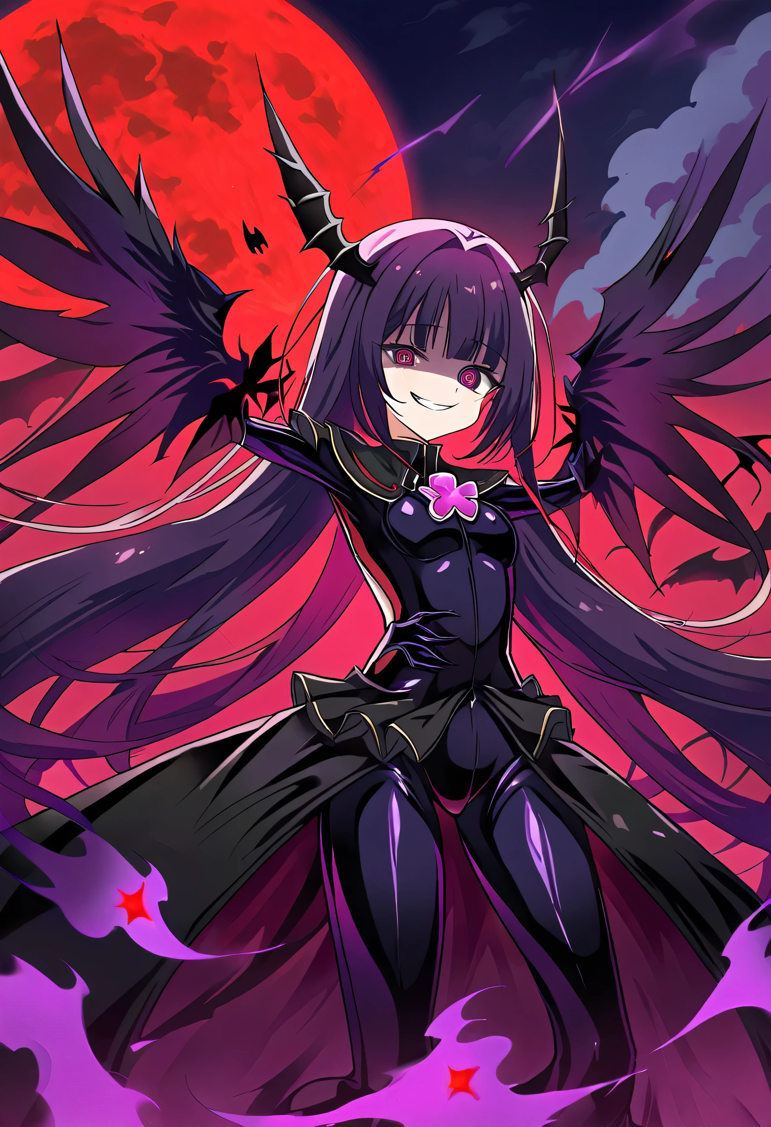 Highest quality, Very detailed,One Girl, alone, {cure_NULL_hirogaruNULLprecure:1.15}, , Long Hair, Twin tails, Magical girl, bangs, Open your mouth, , One Girl, blunt bangs, Darken your clothes, hair ornaments, Evil smile, devilish aura (Shiny fabric:1.5), Full Body Shot, Purple Gemstone, Charm, blush, (Beautiful attention to detail:1.6), Very detailed顔, Perfect lighting, Very detailedなCG, (Perfect hands, Perfect Anatomy), devil, Red and black color scheme, Shiny material, Grin, Black ribbon, black satin gloves, Evil clover leaf ornament, Black frills, jewelry, corruption, Latex Gloss, Black Gothic Cape, Evil smile, Dark World Background, Red Moon, cloudy NULL, CG Style, One-sided black wing,Dark shadow face,Sadistic smile,Malice,Contempt,smile,black,Shaded face (eyes in shadow),Black knee socks,Shiny latex,Evil Eye