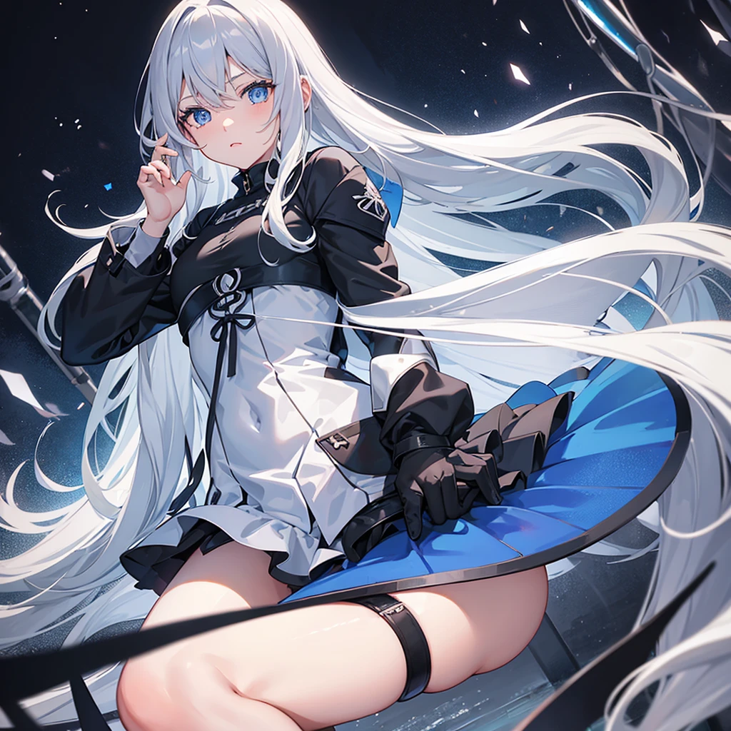 One girl, solo, Long Hair, Bangs between the eyes, , blue eyes, Gray Hair, Dutch Angle, cute, Demon King
