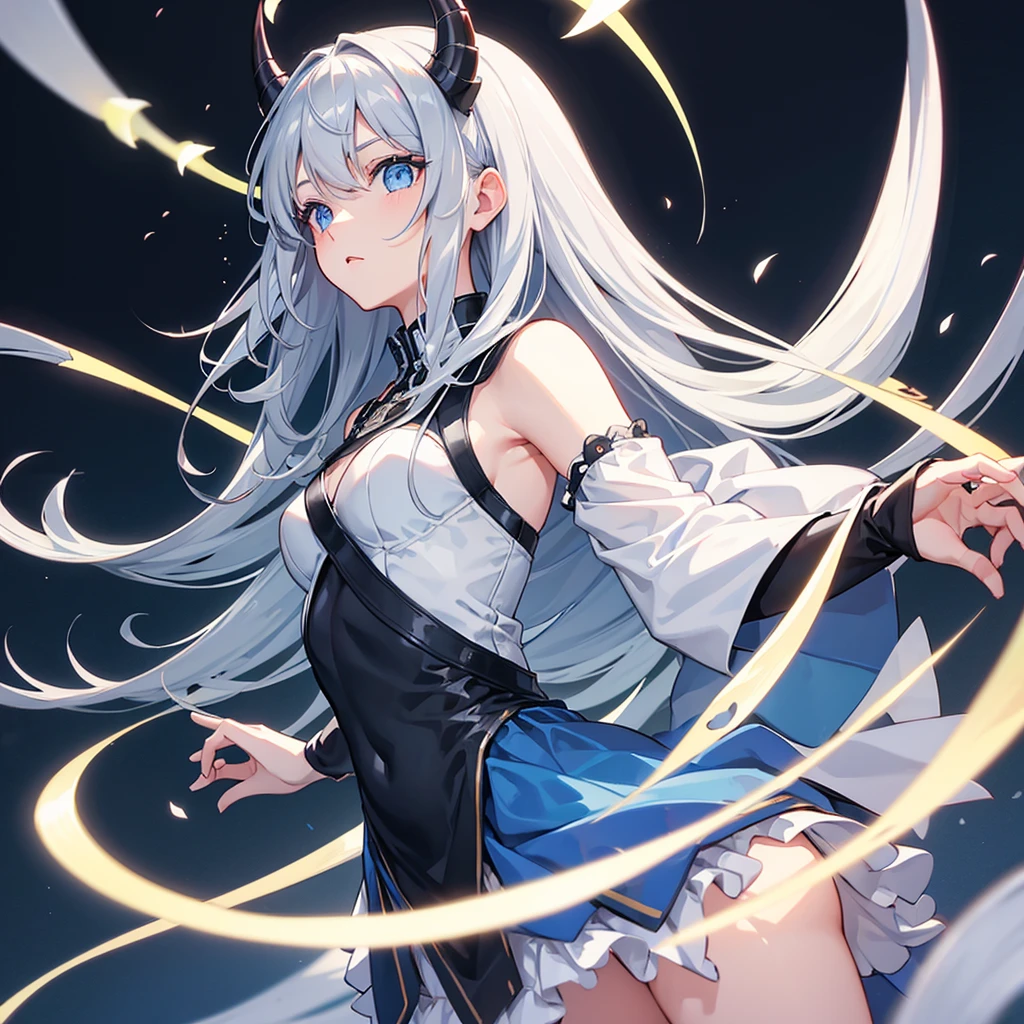 One girl, solo, Long Hair, Bangs between the eyes, , blue eyes, Gray Hair, Dutch Angle, cute, Demon King