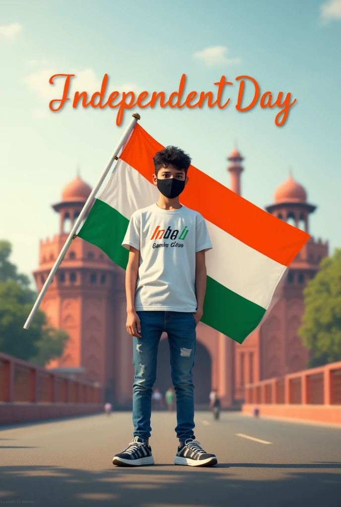 Generate a Realistic 18 years old boy, Wearing White T shirt blue jeans sneakers and the name "Intaj Gaming" is written on his t-shirt and  black mask & the boy is standing on the road with holding a national flag of India, and behind his is the Red Fort Delhi.And written on sky "Independent Day" Create Realistic image high quality