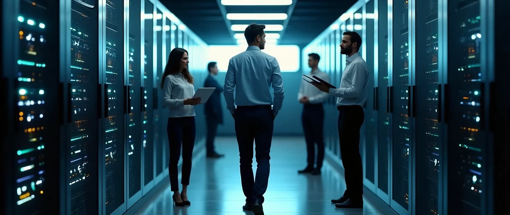 Manager overseeing a server room, walking between rows of servers with a laptop in hand, checking off items on a checklist while troubleshooting hardware issues and discussing technical matters with employees, set in a high-tech server hub, conveying a sense of active oversight and problem-solving, with the room illuminated by the soft glow of server lights and screens, highlighting the manager’s engagement and the collaborative atmosphere