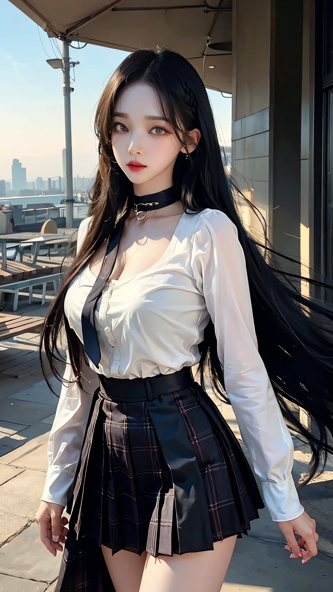 exposed, 큰 chest, 젖어서 chest이 보이는 흰색 shirt, masterpiece, best quality, whole body, 1 woman, forehead, black choker, black necktie, blond hair, panties, blush, bracelet, chest, choker, clothes approximately waist, clavicle, collared shirt, dress shirt, ear piercing, eyebrows visible through hair, gradient hair, 이를 드러내고 laugh, fix, bijouterie, Kogal, long hair, looking at viewer, loose necktie, necktie, piercing, plaid, plaid skirt, pleated skirt, red eyes, ring, , shirt, skirt, laugh, alone, Distance between high-rise buildings, sky, chairs inside cafe,illustration, (Magazines:1.3), (sheathe-style:1.3), fashionable, female, vibrant, outfit, posing, front, fancy, dynamic, background, coercion, confidence, expression, possession, name, accessories, majestic, coil, approximately, touch, scene, texts, sheathe, brave, attracting attention, title, Refined, font, catchy, headline, bigger, striking, modern, Trend, Concentrate upon, fashion,