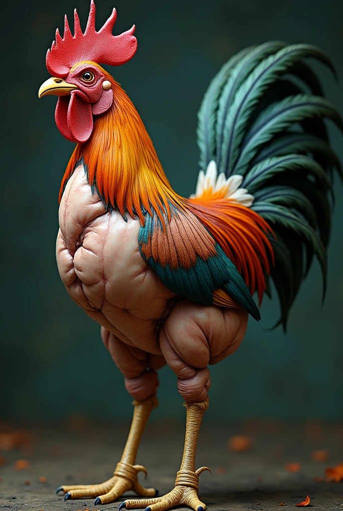 A rooster made from human testicle whose mouth is like a human testicle and feathers are like a peacock photo hd