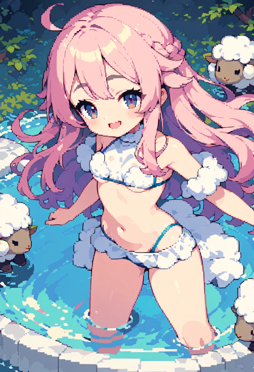 masterpiece, Highest quality, 8k, Pixel art, Pixel art, Vivid, Sheep, woman, 若いwoman, smile, cute, Directed at an angle, Open your mouth, Fluffy hair, Long Hair, Hair like sheep's hair, Pink Hair, eyebrow, 太いeyebrow, High neck bikini, Bathing