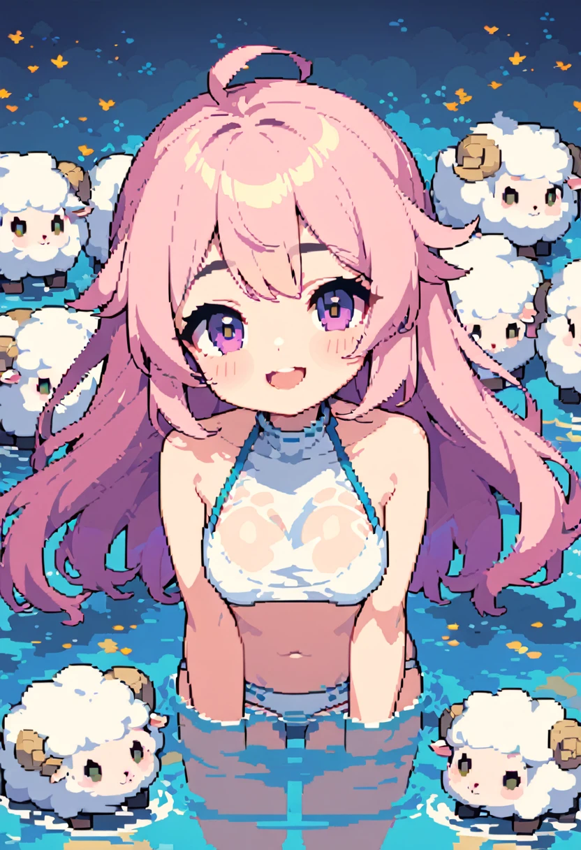 masterpiece, Highest quality, 8k, Pixel art, Pixel art, Vivid, Sheep, woman, 若いwoman, smile, cute, Directed at an angle, Open your mouth, Fluffy hair, Long Hair, Hair like sheep's hair, Pink Hair, eyebrow, 太いeyebrow, High neck bikini, Bathing