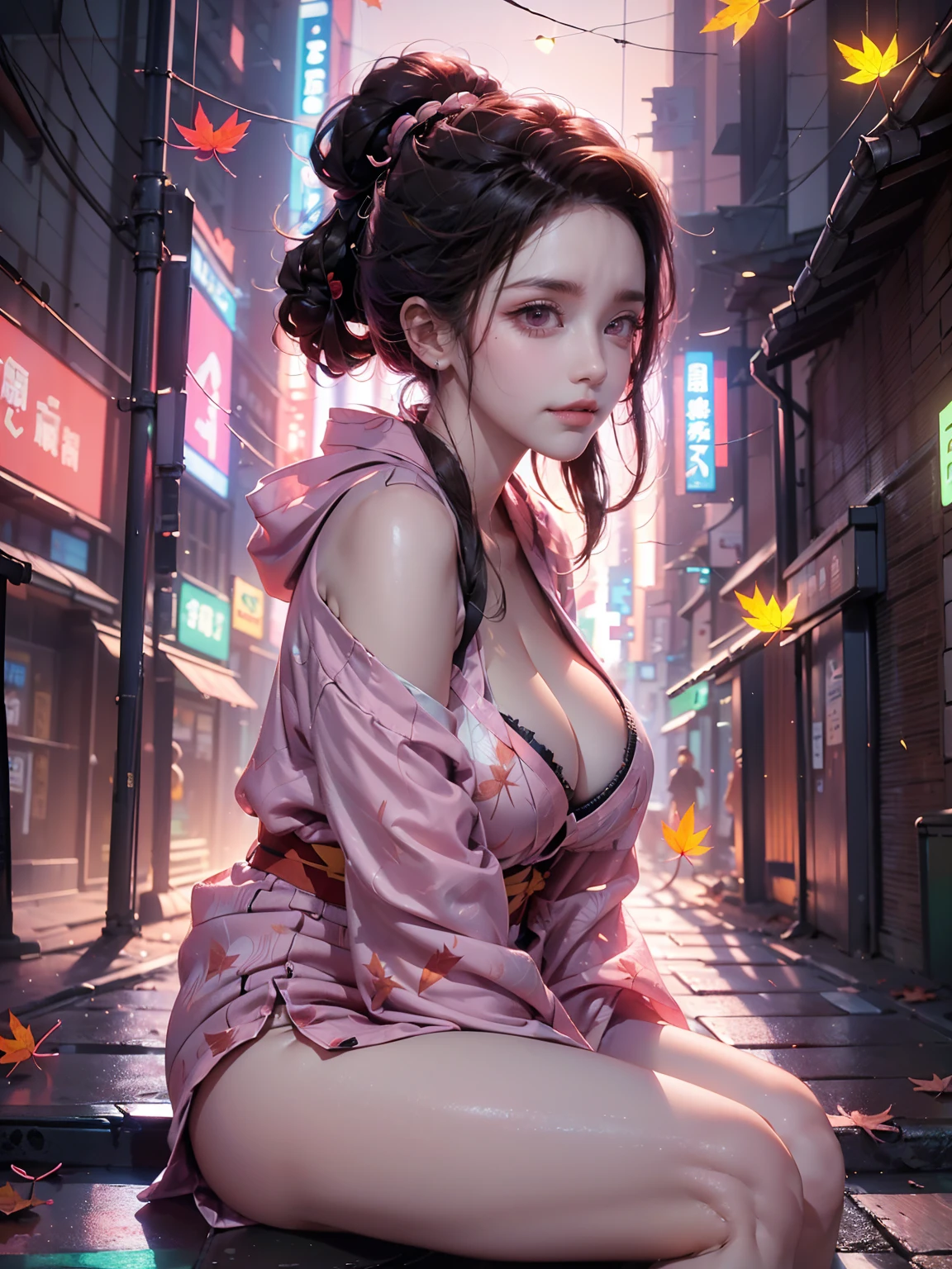 ((16K)),((masterpiece:1.3)), ((Highest quality)), ((Ultra-high resolution)), (Very detailed), ( ultra-realistic, Photorealistic:1.4), Perfect lighting,((Side light)), Surrealism,No makeup, Film Grain, chromatic aberration, Sharp focus, Face Light,((Beautiful detailsまでこだわった髪)),((Beautiful eyelashes)), Beautifully detailed face, ((Beautiful Hair)),Beautiful details, Beautiful clavicle, Beautiful body, Thin legs,Beautiful breasts, Beautiful legs, ((Detailed and carefully drawn hand)), ((Cleavage)),Pointed Chest, Perfect Anatomy, Supermodel with a long neck,((Skinny1.3)),23 years old,Looking into the camera,(Perfect Anatomy,Anatomically correct, Very detailed肌), Glowing Skin,((pale skin)),((beautiful girl:1.1)),(( large breasts:1.4)),Dainty facial structure,((Happy smile)),((Command Nezuko:1.5)), ((demon slayer)), ((pink yukata, black jacket)),((yukata)), ((light effect:1.2)), ((pink fall leaf effect:1.4)),((leaning on rail:1.2)),(her legs spread in M legs:1.4), ((spread legs:1.3)),((from side)),background((Background of a colorful cyberpunk Tokyo at night. The scene features futuristic skyscrapers illuminated by neon lights and holographic advertisements. Flying vehicles zip through the sky, while people in cyberpunk fashion walk the streets below, The walls of the buildings are adorned with giant digital screens displaying vibrant ads and animations. The ground is embedded with colorful LED lights, creating an ethereal and otherworldly atmosphere throughout the city)),((wide angle:1.3 ))
