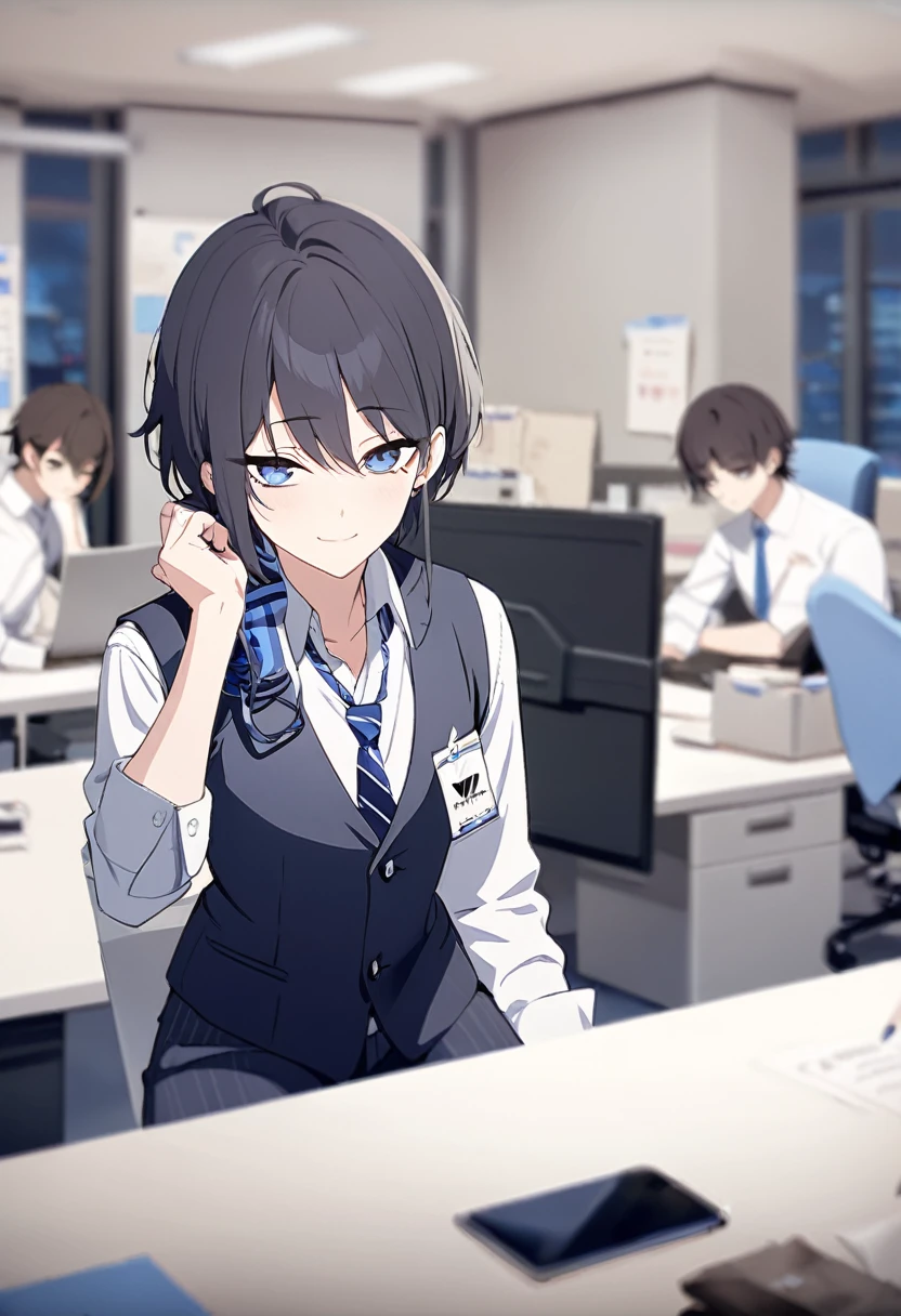 masterpiece,best quality,depth of field,8k,looking down at the viewer,man,dark gray hair,blue eyes,(charismatic eyes 1:1),chic,Blue Eyes,wseifuku,Wearing a white shirt,gray suit pants,black oxford shoes,Over a gray suit vest,alone,Wearing an employee ID around his neck,Blue Striped Tie,smiling,alone,office,I have dark circles,Fold up your shirt sleeves,