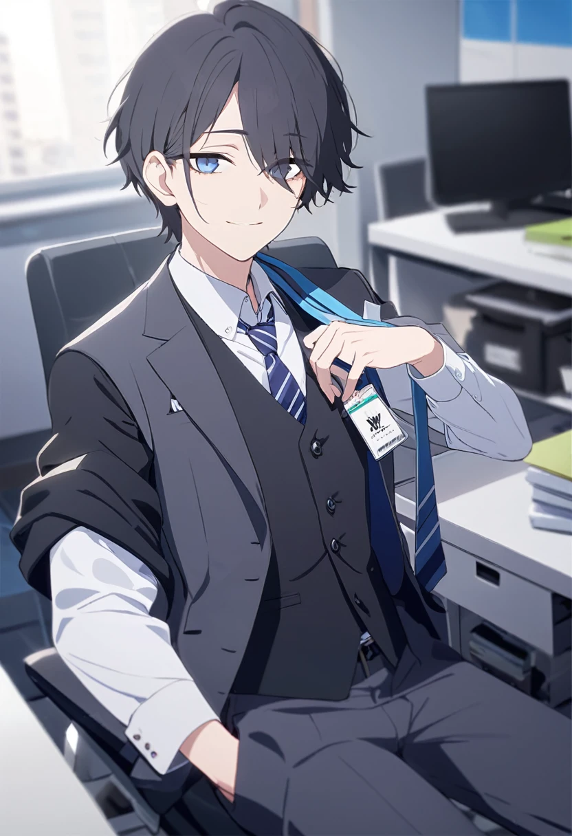 masterpiece,best quality,depth of field,8k,looking down at the viewer,man,dark gray hair,blue eyes,(charismatic eyes 1:1),chic,Blue Eyes,wseifuku,Wearing a white shirt,gray suit pants,black oxford shoes,Over a gray suit vest,alone,Wearing an employee ID around his neck,Blue Striped Tie,smiling,alone,office,I have dark circles,Fold up your shirt sleeves,