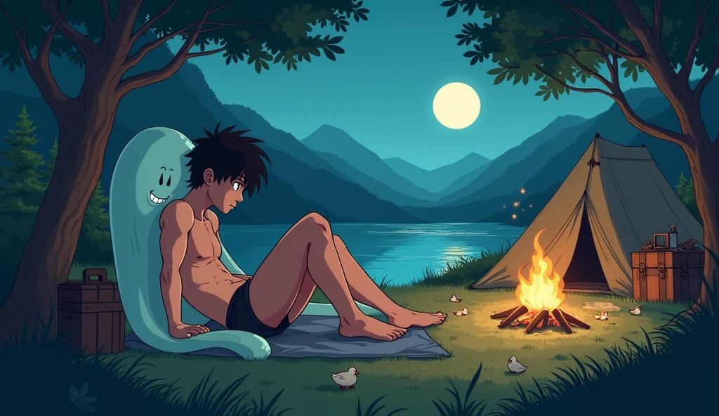 This image has to be anime and +18. A boy, a young warrior, is lying in a field of grass. The boy is half naked, wearing only underwear, with a green slime boy sitting on top of his underwear. The young knight has his arms and legs trapped by the slime. Where are they?, there is a camping tent. There is a trunk. There is a backpack with the boy's sword. They are also in a beautiful forest at night. There is a lake with ducks swimming and a campfire near the tent.