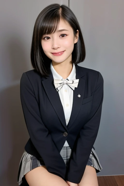 (kawaii 18 year-old Japanese girl is leaning forward, Nogizaka idol, Korean idol), healthy female athlete body, (glossy black hair, short hair, pixie cut, bangs:1.3), (rounded face, pure black eyes, single eyelid, no makeup, splashing smile:1.2), (wearing Japanese school uniforms, blazer jacket, collared shirt, bow tie:1.3), extra small breasts, (plaid skirt, bare thighs:1.2), high socks, loafers, thigh gap, BREAK, (simple grey background:1.3), (dynamic angle,  cowboy shot, thigh focus:1.2), BREAK, (masterpiece, best quality, photo realistic, official art:1.4), (UHD, 8K quality wallpaper, high resolution, raw photo, golden ratio:1.3), (shiny skin), professional lighting, physically based rendering, award winning, (highly detailed skin, extremely detailed face and eyes, anatomically correct body), Carl Zeiss 85 mm F/1.4, depth of field, 1girl, solo,