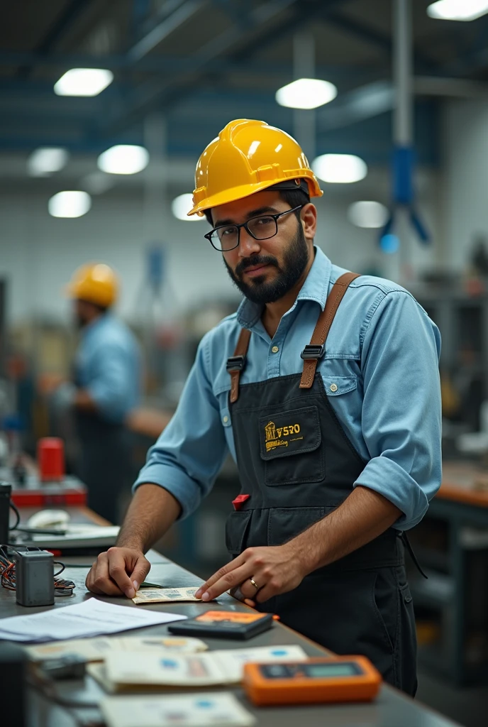 Electrical engineer
Work clothes
In a factory
Desk
Series
Some paper
Euro geld pack
Iranian
Show infront of his desk